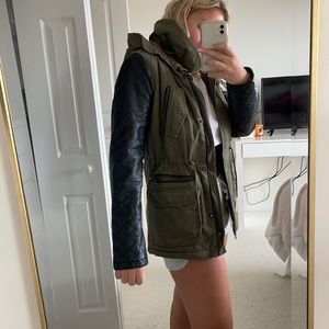 Army Green Barney’s Jacket with leather sleeves and Sherpa inside